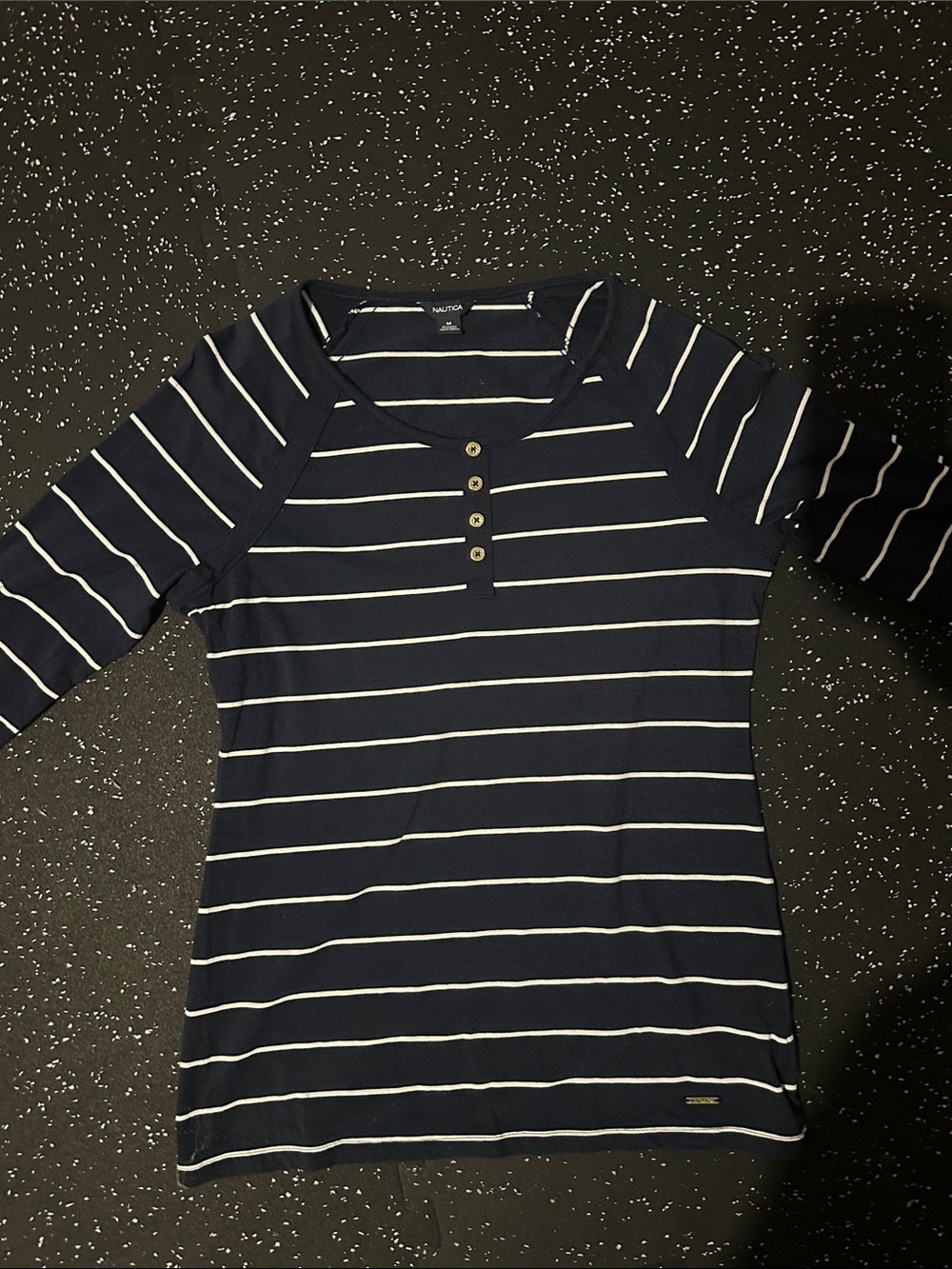 Nautica women’s Navy and White Striped long sleeve Henley Tee